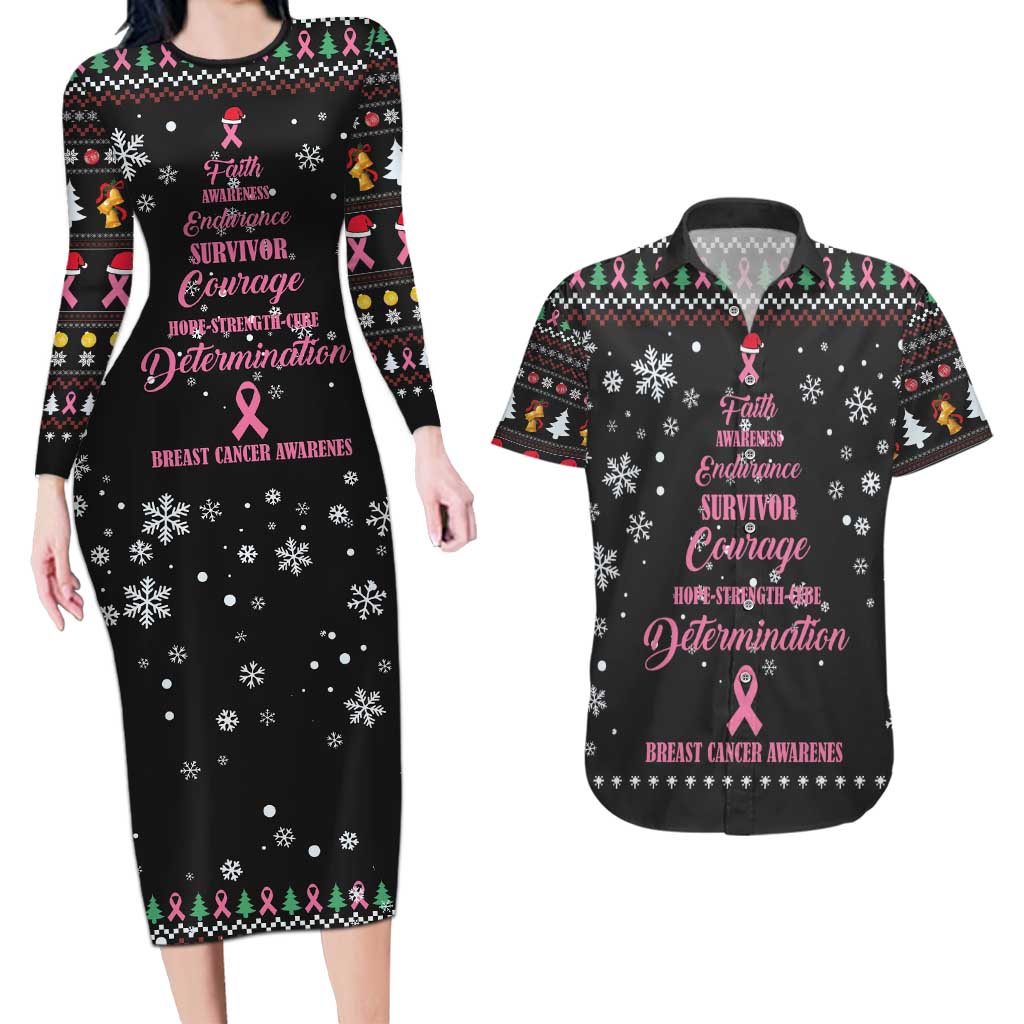 Christmas Tree Breast Cancer Couples Matching Long Sleeve Bodycon Dress and Hawaiian Shirt Survivor - Wonder Print Shop