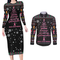 Christmas Tree Breast Cancer Couples Matching Long Sleeve Bodycon Dress and Long Sleeve Button Shirt Survivor - Wonder Print Shop