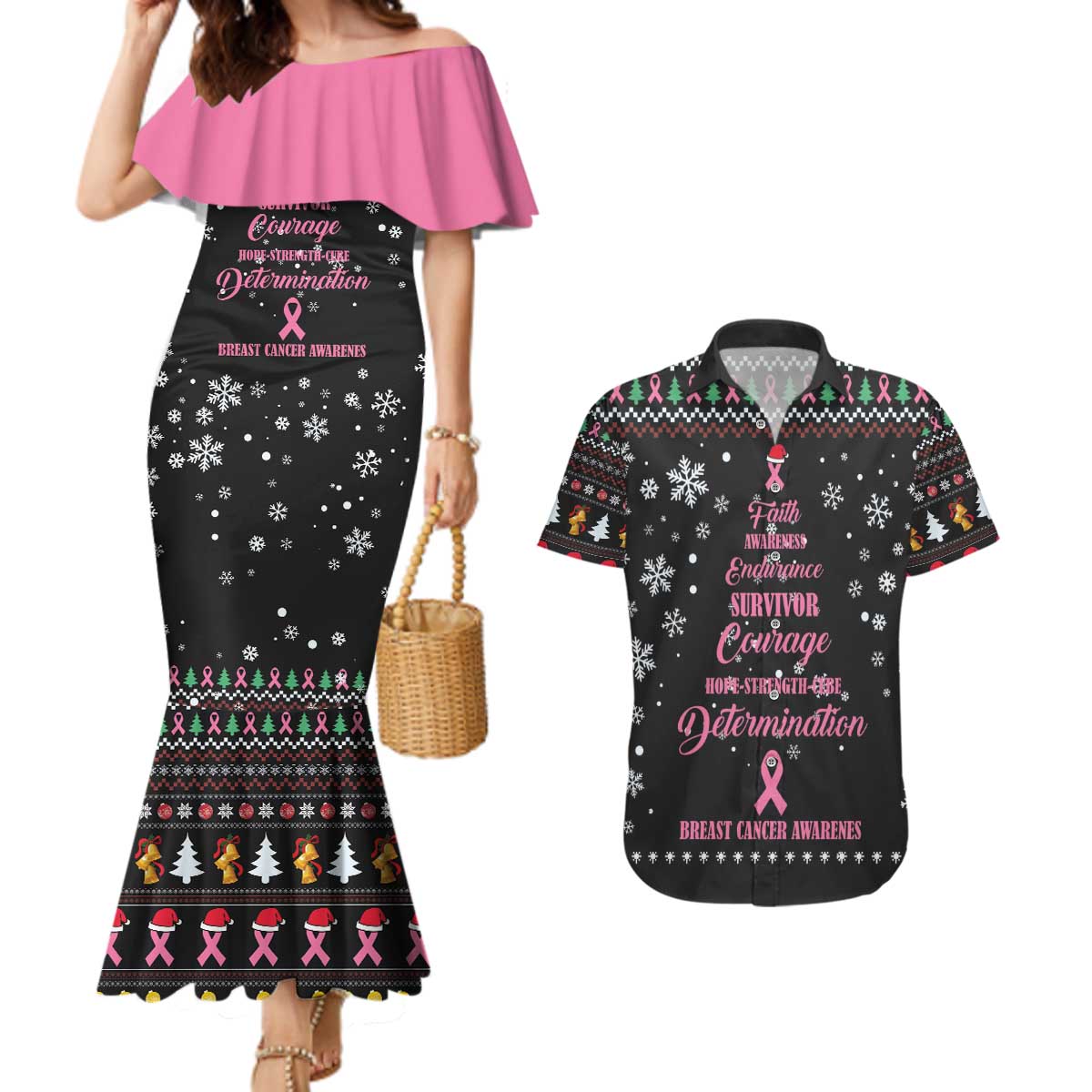Christmas Tree Breast Cancer Couples Matching Mermaid Dress and Hawaiian Shirt Survivor - Wonder Print Shop