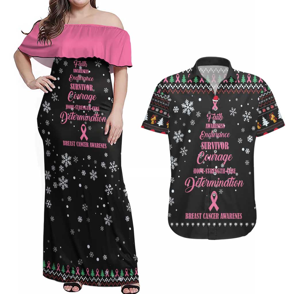 Christmas Tree Breast Cancer Couples Matching Off Shoulder Maxi Dress and Hawaiian Shirt Survivor - Wonder Print Shop