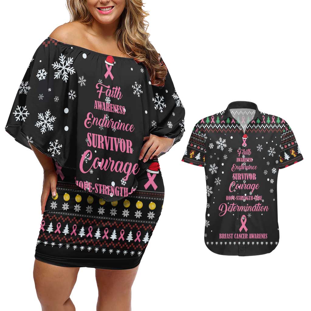 Christmas Tree Breast Cancer Couples Matching Off Shoulder Short Dress and Hawaiian Shirt Survivor - Wonder Print Shop