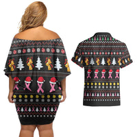 Christmas Tree Breast Cancer Couples Matching Off Shoulder Short Dress and Hawaiian Shirt Survivor - Wonder Print Shop