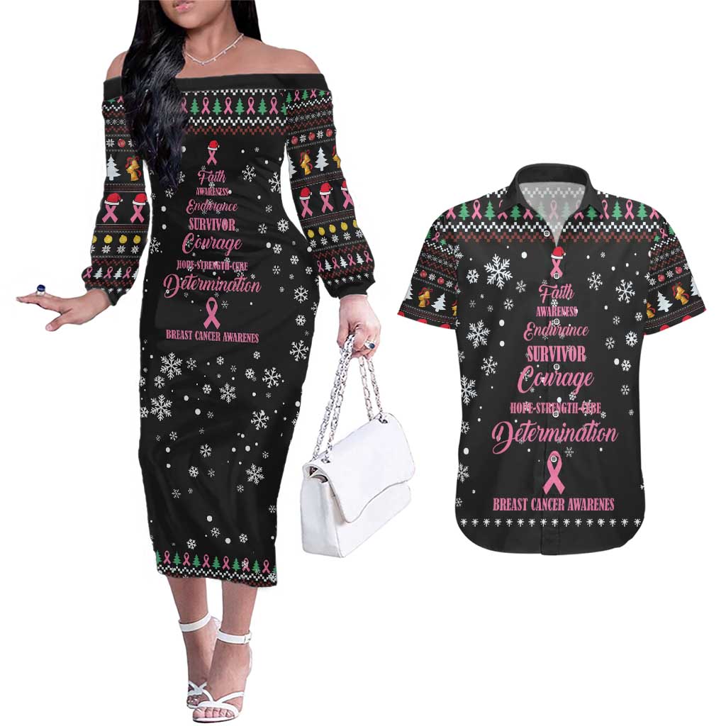 Christmas Tree Breast Cancer Couples Matching Off The Shoulder Long Sleeve Dress and Hawaiian Shirt Survivor - Wonder Print Shop