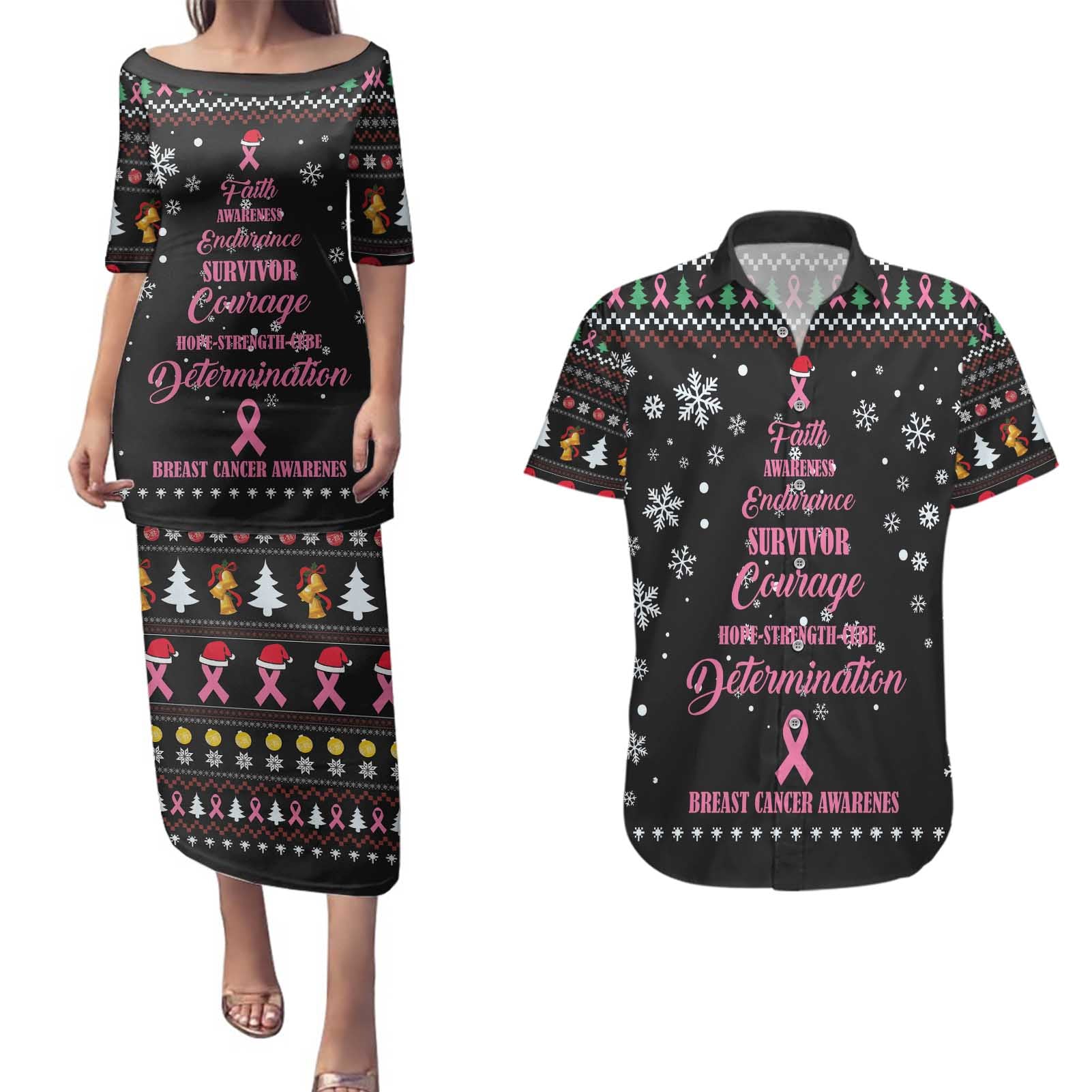 Christmas Tree Breast Cancer Couples Matching Puletasi and Hawaiian Shirt Survivor - Wonder Print Shop
