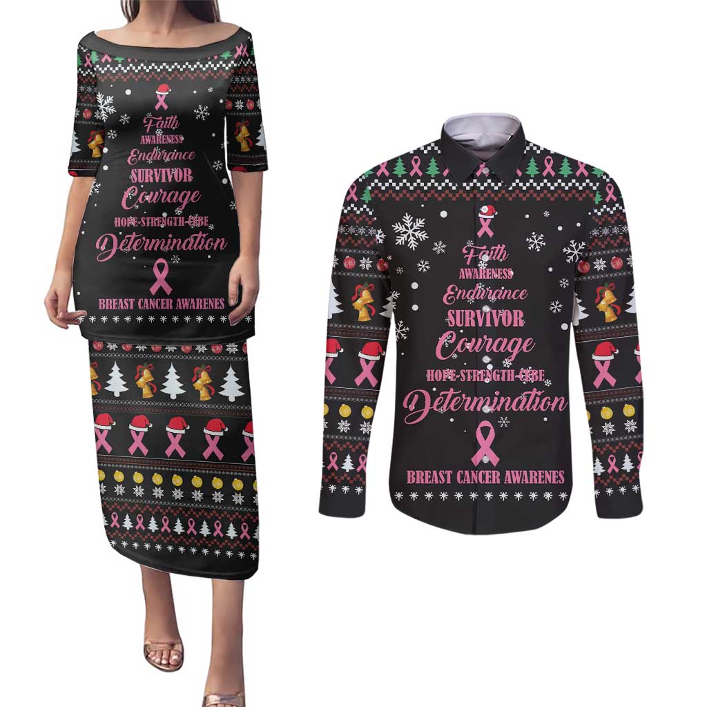 Christmas Tree Breast Cancer Couples Matching Puletasi and Long Sleeve Button Shirt Survivor - Wonder Print Shop