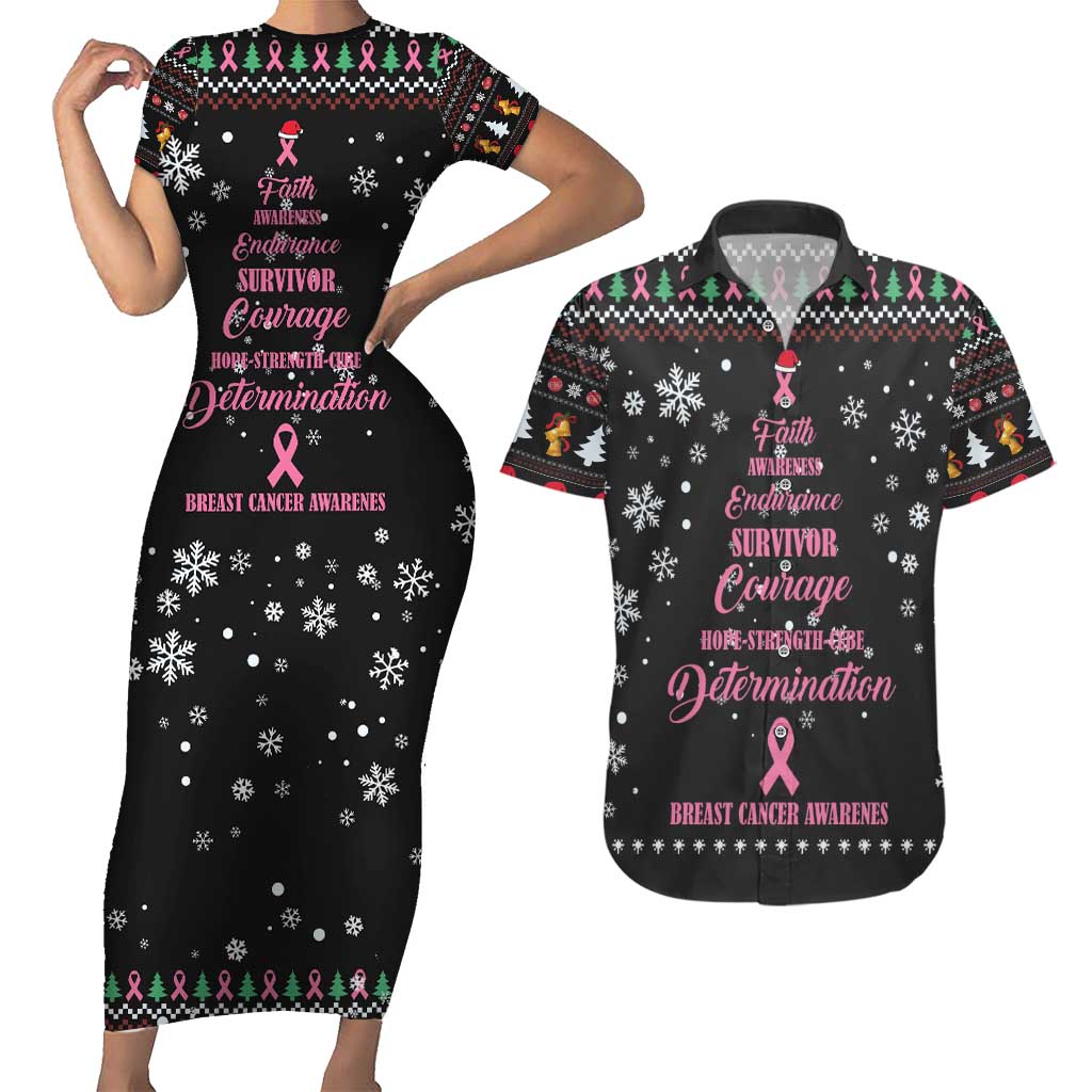 Christmas Tree Breast Cancer Couples Matching Short Sleeve Bodycon Dress and Hawaiian Shirt Survivor - Wonder Print Shop