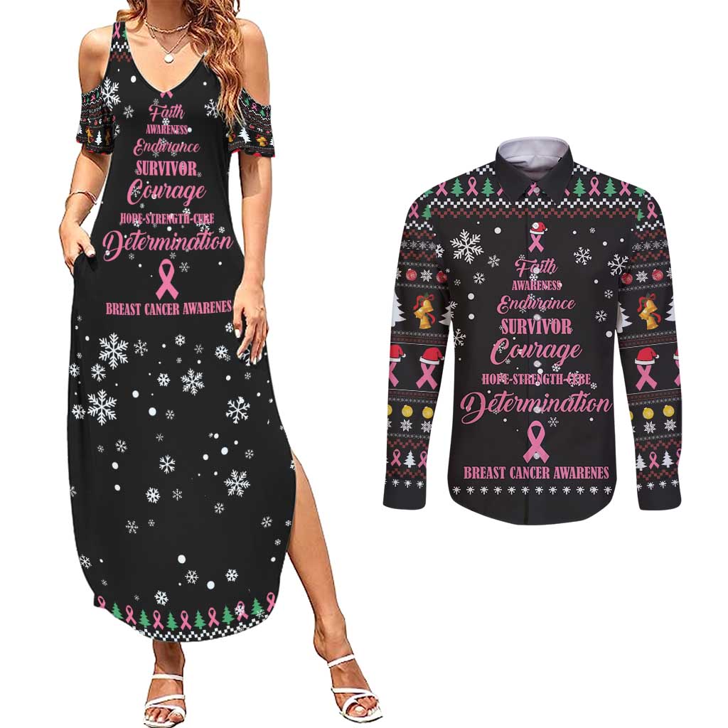 Christmas Tree Breast Cancer Couples Matching Summer Maxi Dress and Long Sleeve Button Shirt Survivor - Wonder Print Shop