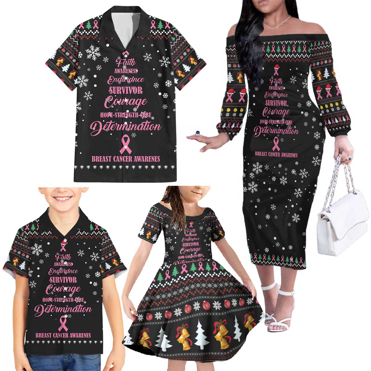 Christmas Tree Breast Cancer Family Matching Off The Shoulder Long Sleeve Dress and Hawaiian Shirt Survivor - Wonder Print Shop