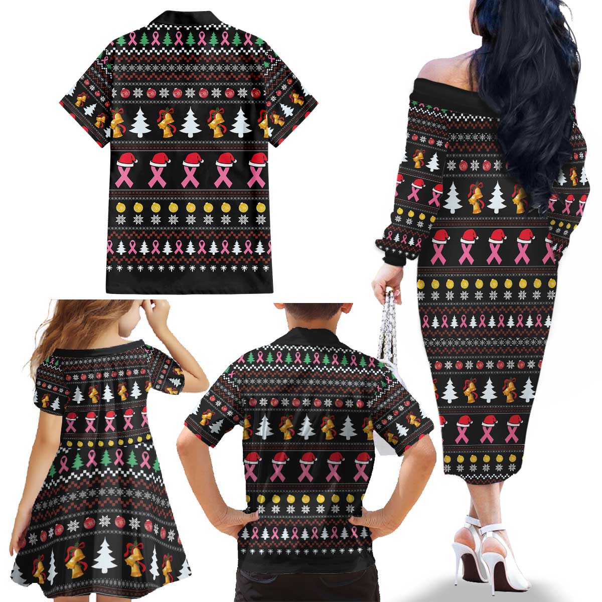 Christmas Tree Breast Cancer Family Matching Off The Shoulder Long Sleeve Dress and Hawaiian Shirt Survivor - Wonder Print Shop