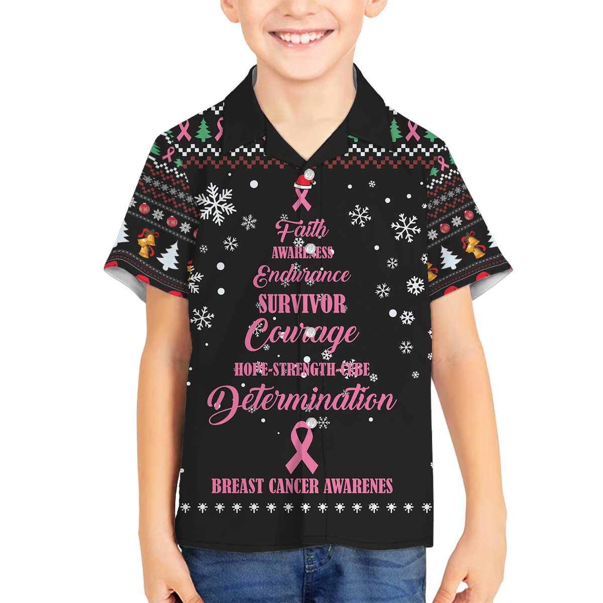 Christmas Tree Breast Cancer Family Matching Off The Shoulder Long Sleeve Dress and Hawaiian Shirt Survivor - Wonder Print Shop