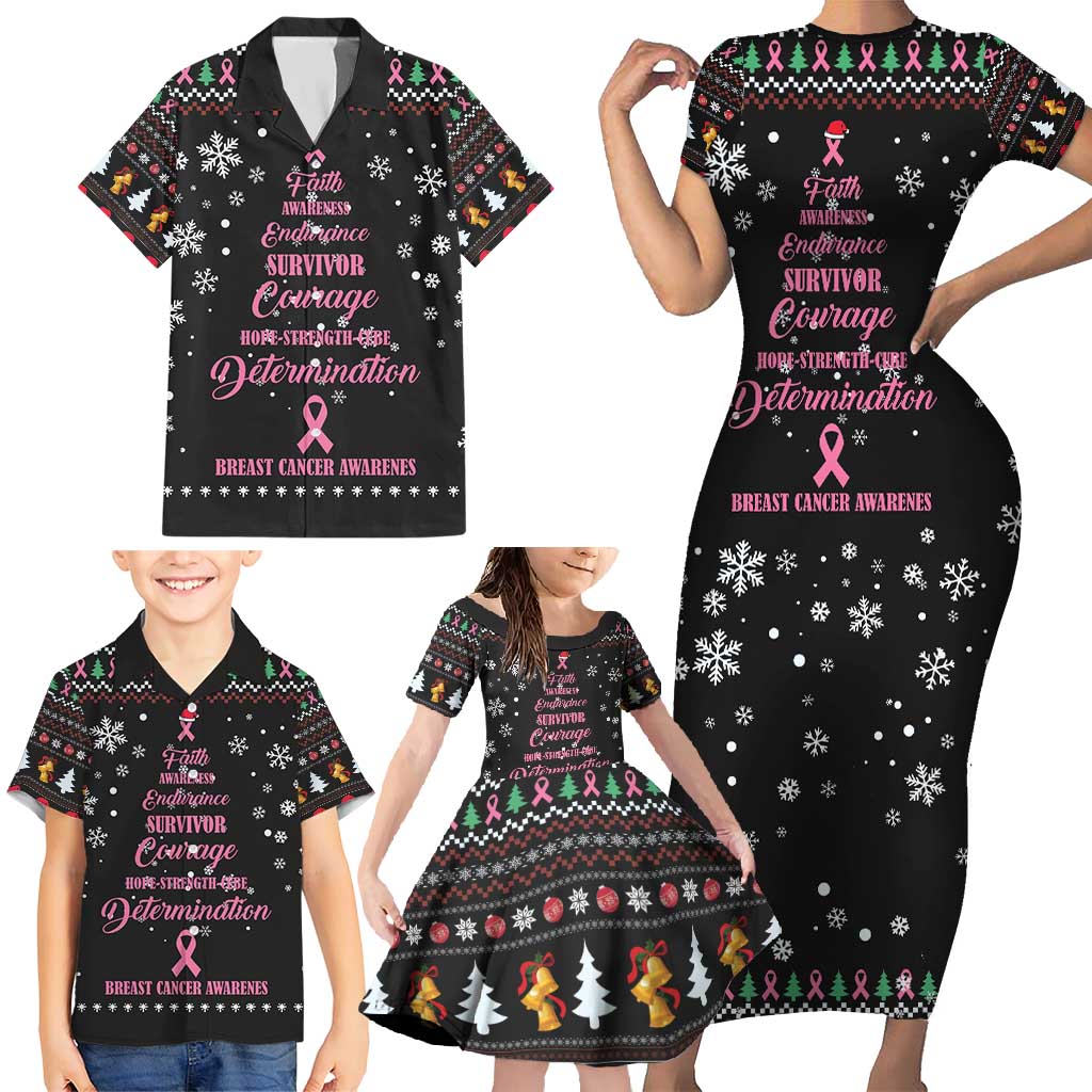 Christmas Tree Breast Cancer Family Matching Short Sleeve Bodycon Dress and Hawaiian Shirt Survivor - Wonder Print Shop