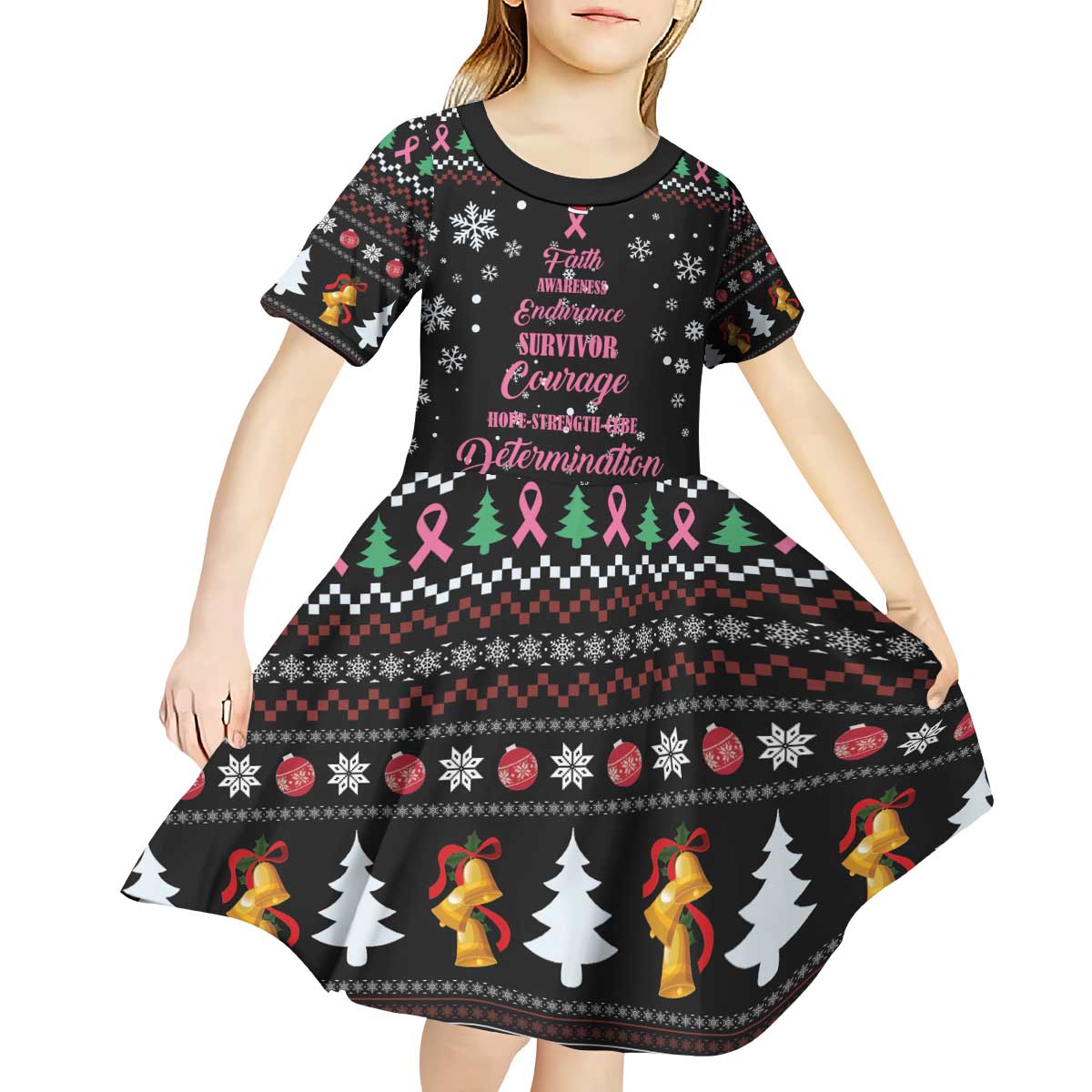 Christmas Tree Breast Cancer Kid Short Sleeve Dress Survivor - Wonder Print Shop