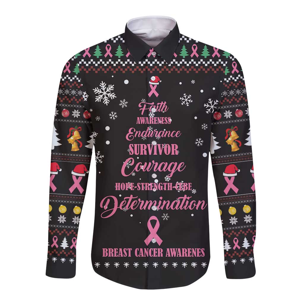 Christmas Tree Breast Cancer Long Sleeve Button Shirt Survivor - Wonder Print Shop