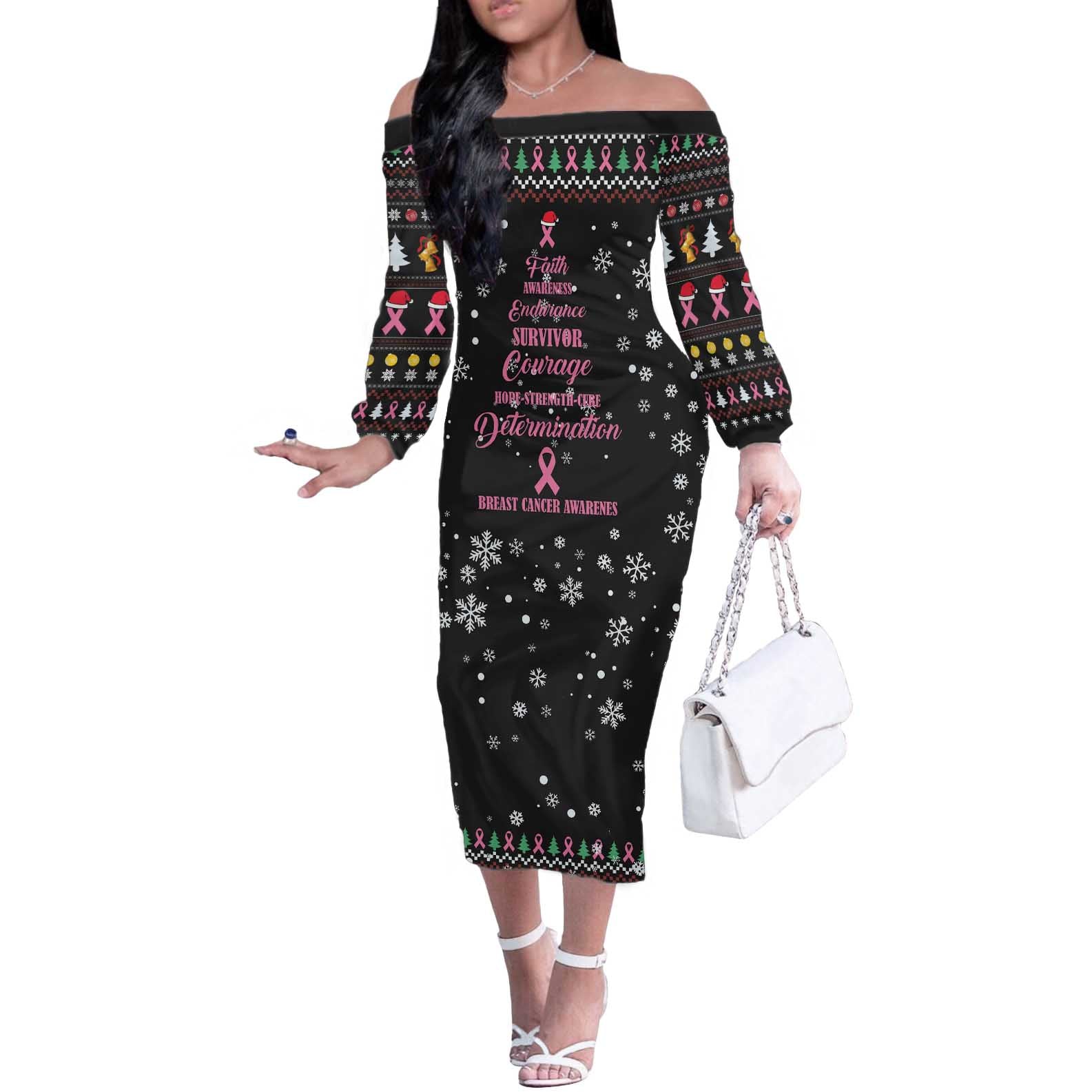 Christmas Tree Breast Cancer Off The Shoulder Long Sleeve Dress Survivor - Wonder Print Shop