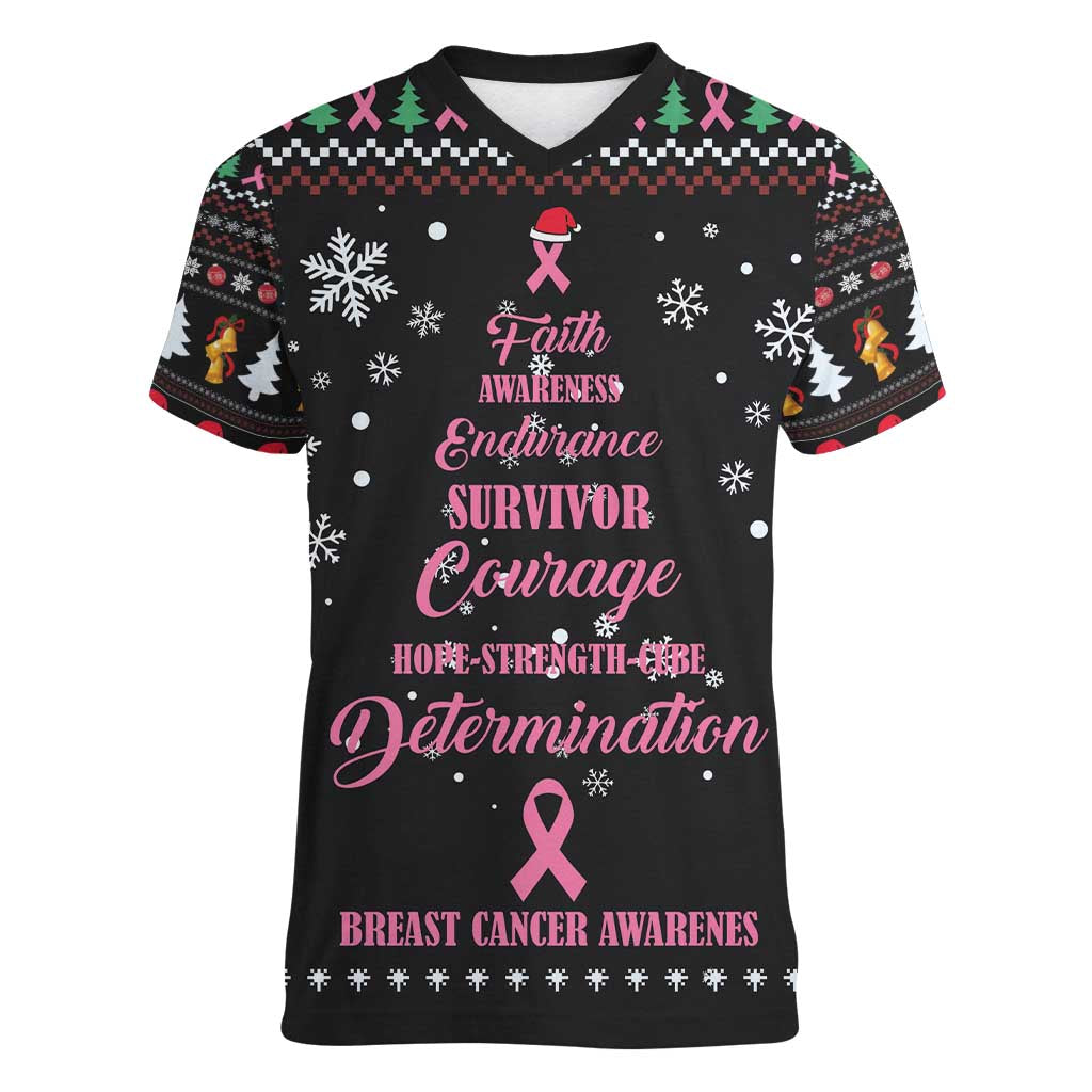 Christmas Tree Breast Cancer Women V-Neck T-Shirt Survivor - Wonder Print Shop