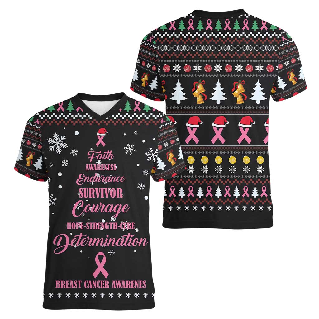 Christmas Tree Breast Cancer Women V-Neck T-Shirt Survivor - Wonder Print Shop