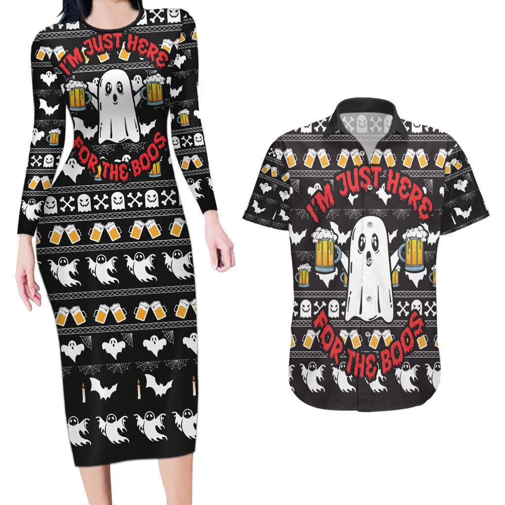 Christmas Boo Beer Couples Matching Long Sleeve Bodycon Dress and Hawaiian Shirt I'm Just Here For The Boos - Wonder Print Shop
