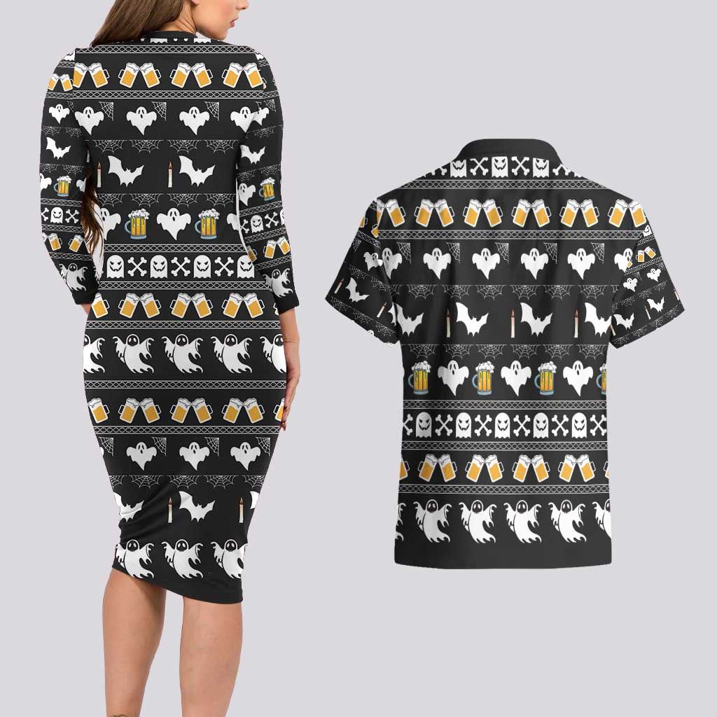 Christmas Boo Beer Couples Matching Long Sleeve Bodycon Dress and Hawaiian Shirt I'm Just Here For The Boos - Wonder Print Shop