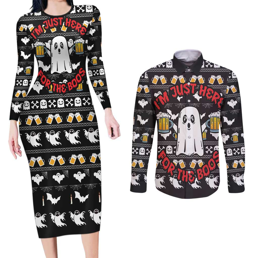 Christmas Boo Beer Couples Matching Long Sleeve Bodycon Dress and Long Sleeve Button Shirt I'm Just Here For The Boos - Wonder Print Shop