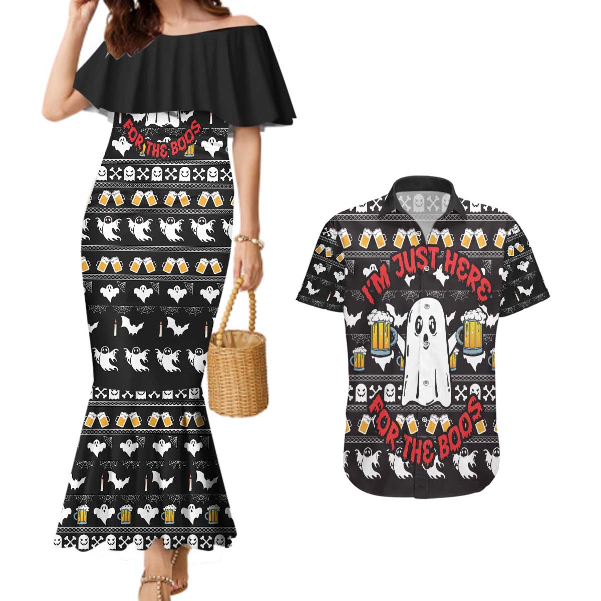 Christmas Boo Beer Couples Matching Mermaid Dress and Hawaiian Shirt I'm Just Here For The Boos - Wonder Print Shop