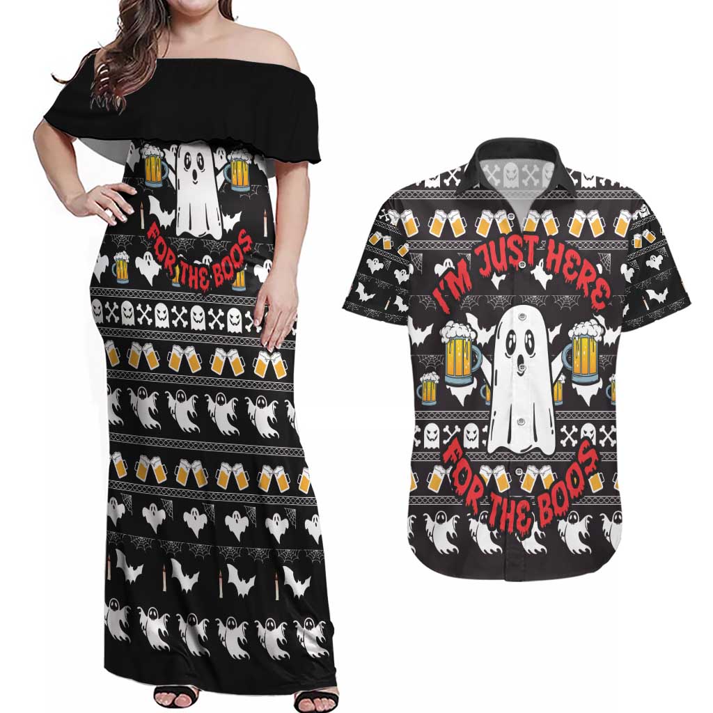 Christmas Boo Beer Couples Matching Off Shoulder Maxi Dress and Hawaiian Shirt I'm Just Here For The Boos - Wonder Print Shop