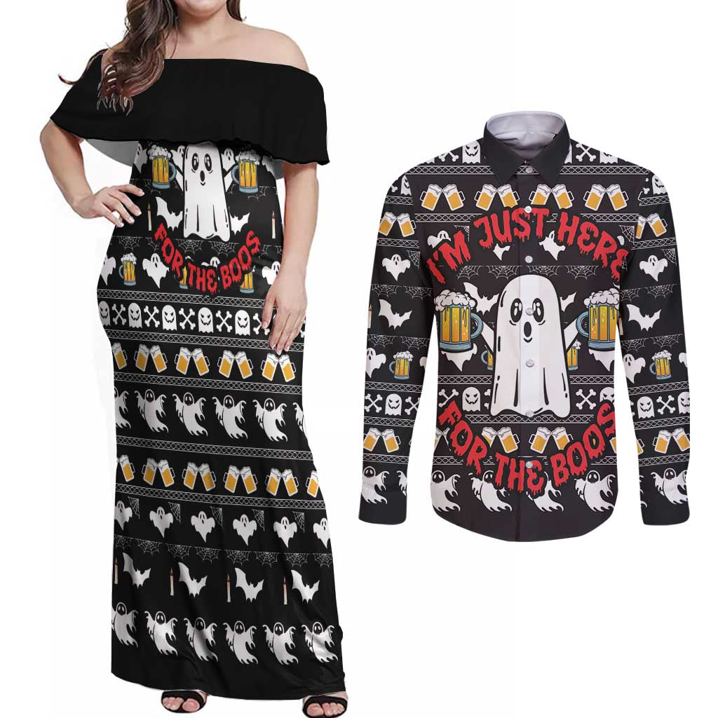 Christmas Boo Beer Couples Matching Off Shoulder Maxi Dress and Long Sleeve Button Shirt I'm Just Here For The Boos - Wonder Print Shop