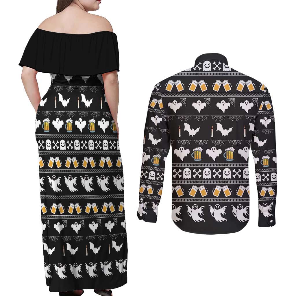 Christmas Boo Beer Couples Matching Off Shoulder Maxi Dress and Long Sleeve Button Shirt I'm Just Here For The Boos - Wonder Print Shop