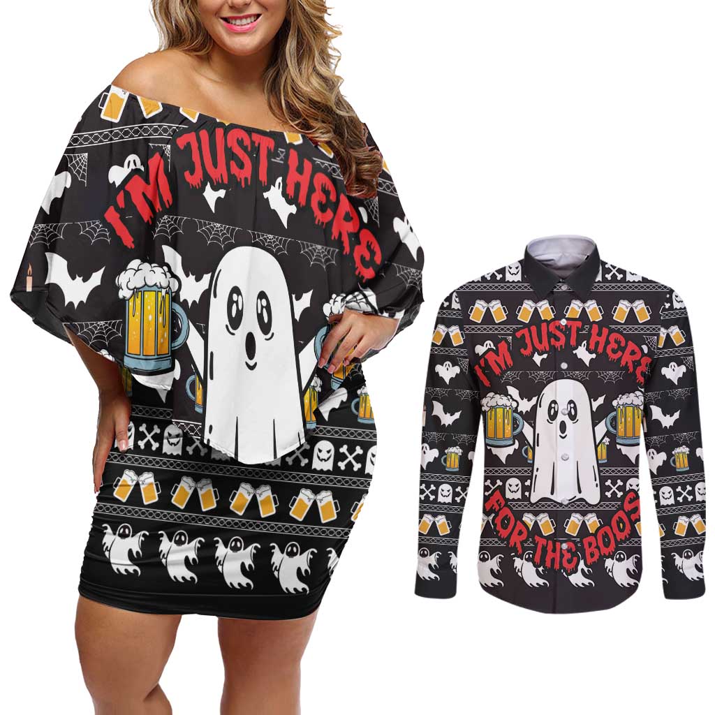 Christmas Boo Beer Couples Matching Off Shoulder Short Dress and Long Sleeve Button Shirt I'm Just Here For The Boos - Wonder Print Shop