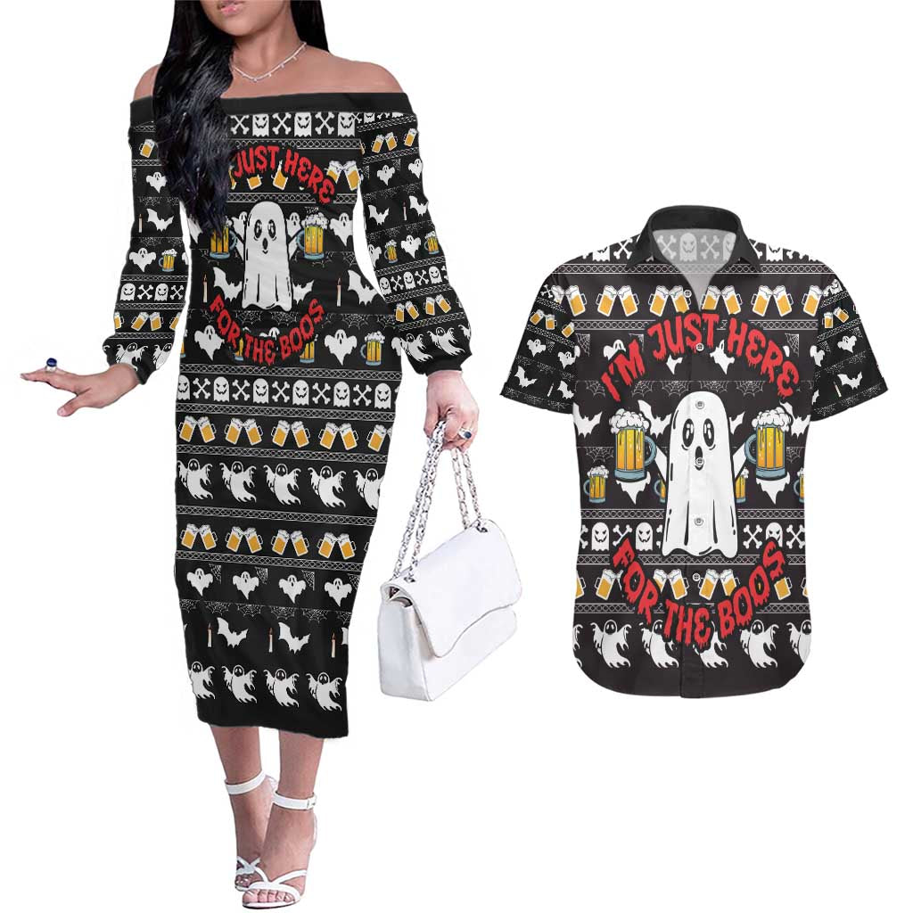 Christmas Boo Beer Couples Matching Off The Shoulder Long Sleeve Dress and Hawaiian Shirt I'm Just Here For The Boos - Wonder Print Shop