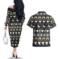 Christmas Boo Beer Couples Matching Off The Shoulder Long Sleeve Dress and Hawaiian Shirt I'm Just Here For The Boos - Wonder Print Shop