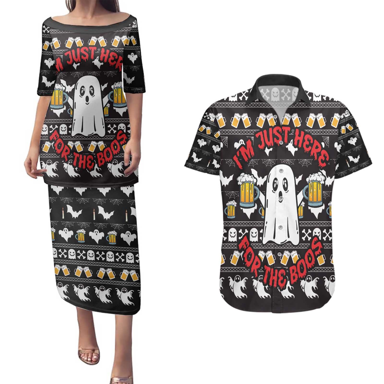 Christmas Boo Beer Couples Matching Puletasi and Hawaiian Shirt I'm Just Here For The Boos - Wonder Print Shop