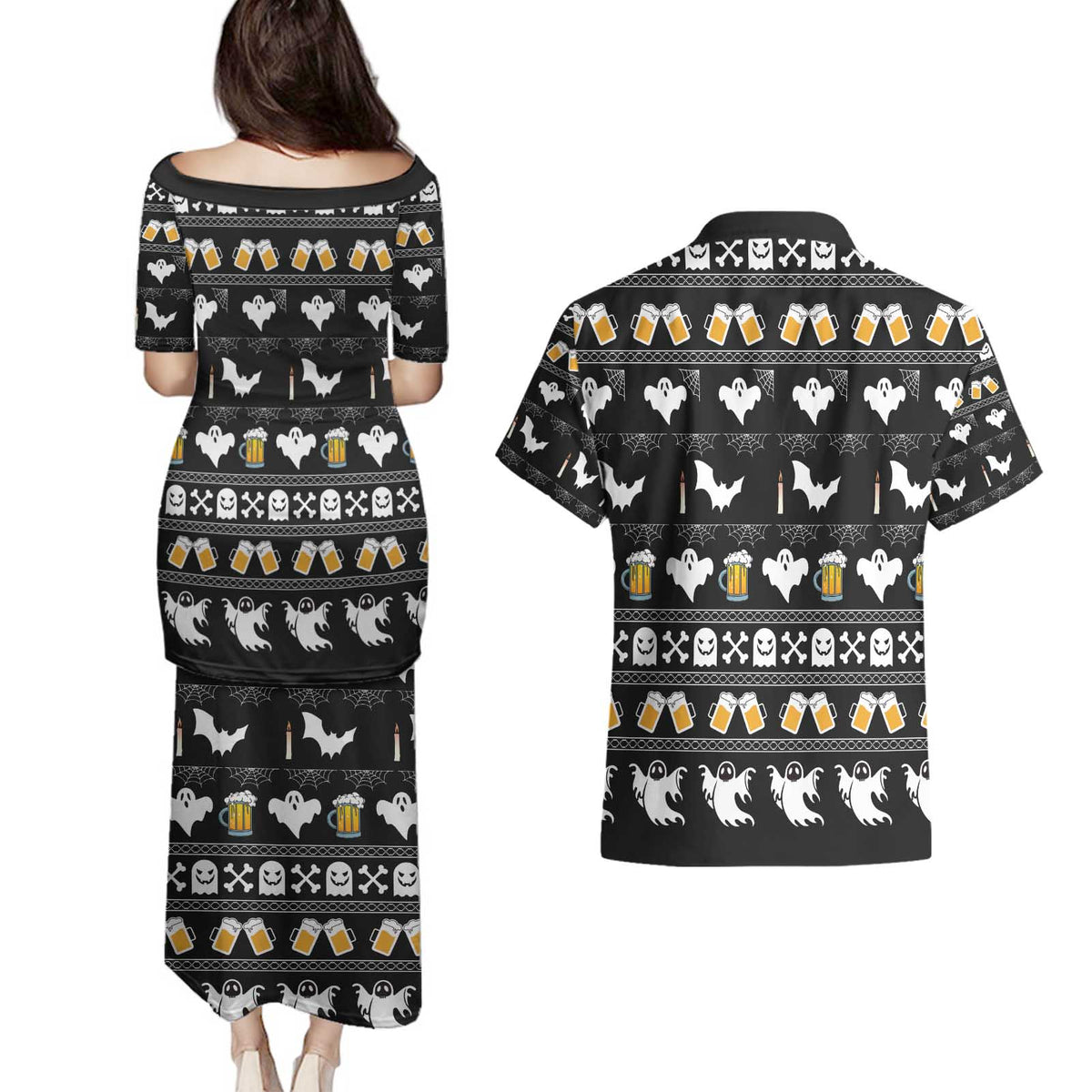 Christmas Boo Beer Couples Matching Puletasi and Hawaiian Shirt I'm Just Here For The Boos - Wonder Print Shop