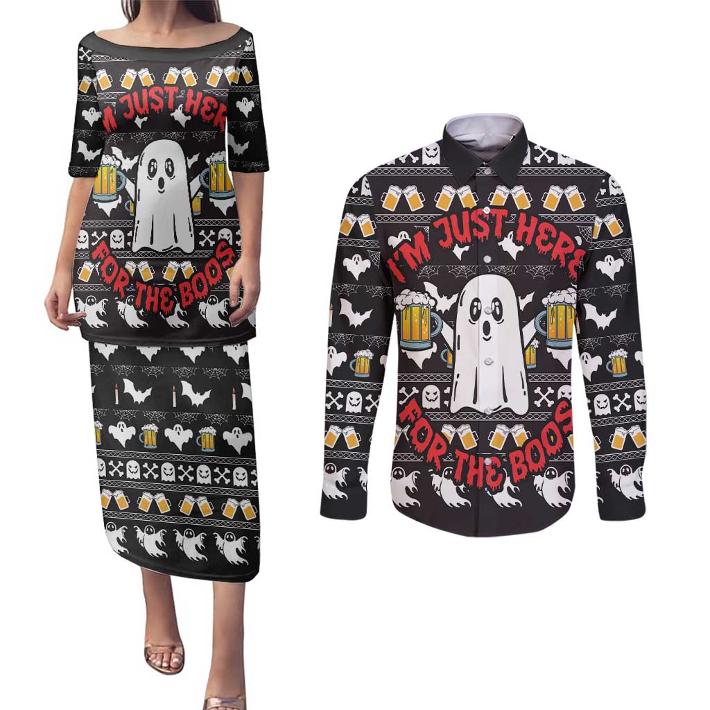 Christmas Boo Beer Couples Matching Puletasi and Long Sleeve Button Shirt I'm Just Here For The Boos - Wonder Print Shop