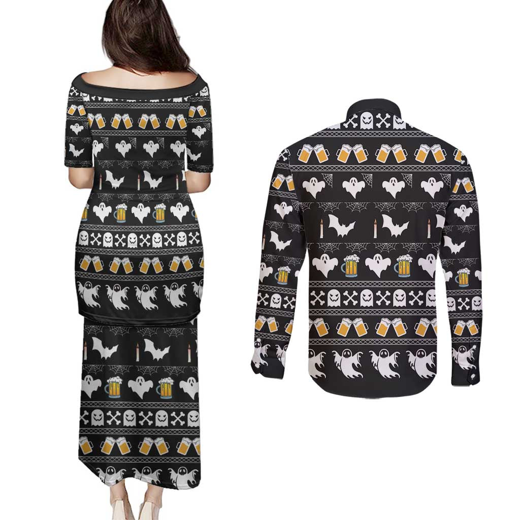 Christmas Boo Beer Couples Matching Puletasi and Long Sleeve Button Shirt I'm Just Here For The Boos - Wonder Print Shop