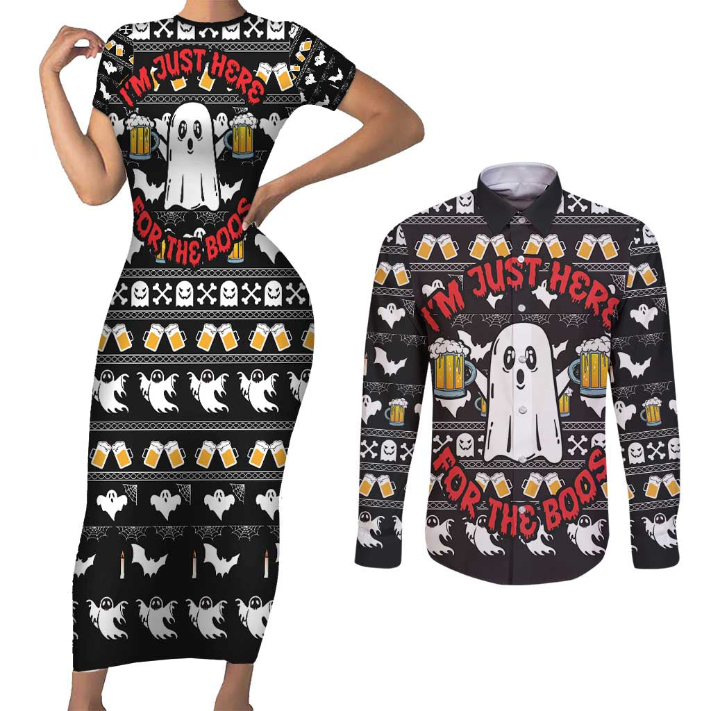 Christmas Boo Beer Couples Matching Short Sleeve Bodycon Dress and Long Sleeve Button Shirt I'm Just Here For The Boos - Wonder Print Shop