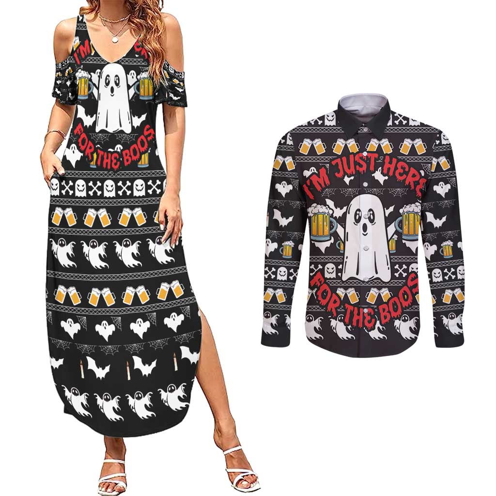 Christmas Boo Beer Couples Matching Summer Maxi Dress and Long Sleeve Button Shirt I'm Just Here For The Boos - Wonder Print Shop