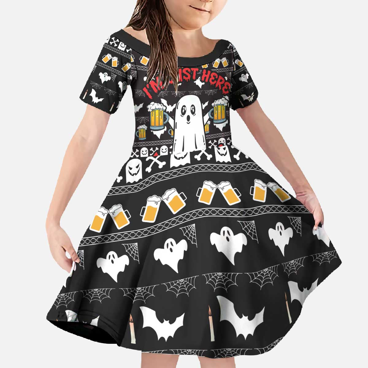 Christmas Boo Beer Family Matching Off The Shoulder Long Sleeve Dress and Hawaiian Shirt I'm Just Here For The Boos - Wonder Print Shop