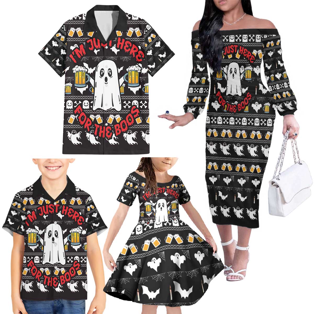 Christmas Boo Beer Family Matching Off The Shoulder Long Sleeve Dress and Hawaiian Shirt I'm Just Here For The Boos - Wonder Print Shop