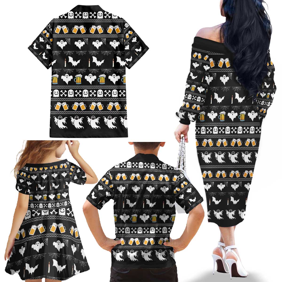 Christmas Boo Beer Family Matching Off The Shoulder Long Sleeve Dress and Hawaiian Shirt I'm Just Here For The Boos - Wonder Print Shop