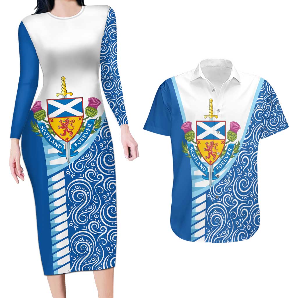 Scotland Forever Couples Matching Long Sleeve Bodycon Dress and Hawaiian Shirt Thistle Lion Rampant