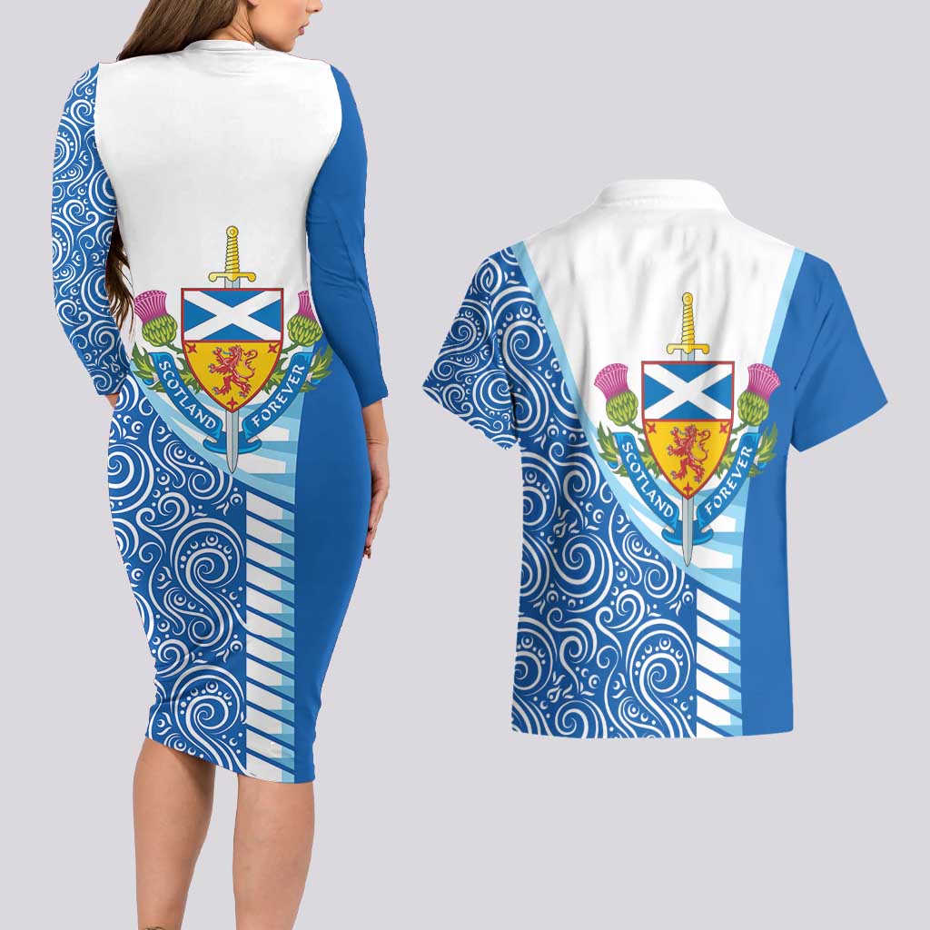 Scotland Forever Couples Matching Long Sleeve Bodycon Dress and Hawaiian Shirt Thistle Lion Rampant