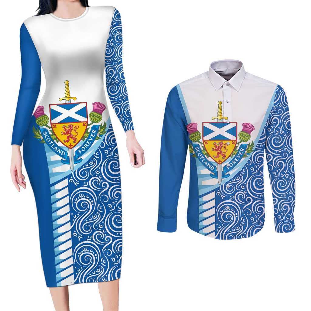 Scotland Forever Couples Matching Long Sleeve Bodycon Dress and Long Sleeve Button Shirt Thistle Lion Rampant