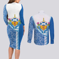 Scotland Forever Couples Matching Long Sleeve Bodycon Dress and Long Sleeve Button Shirt Thistle Lion Rampant