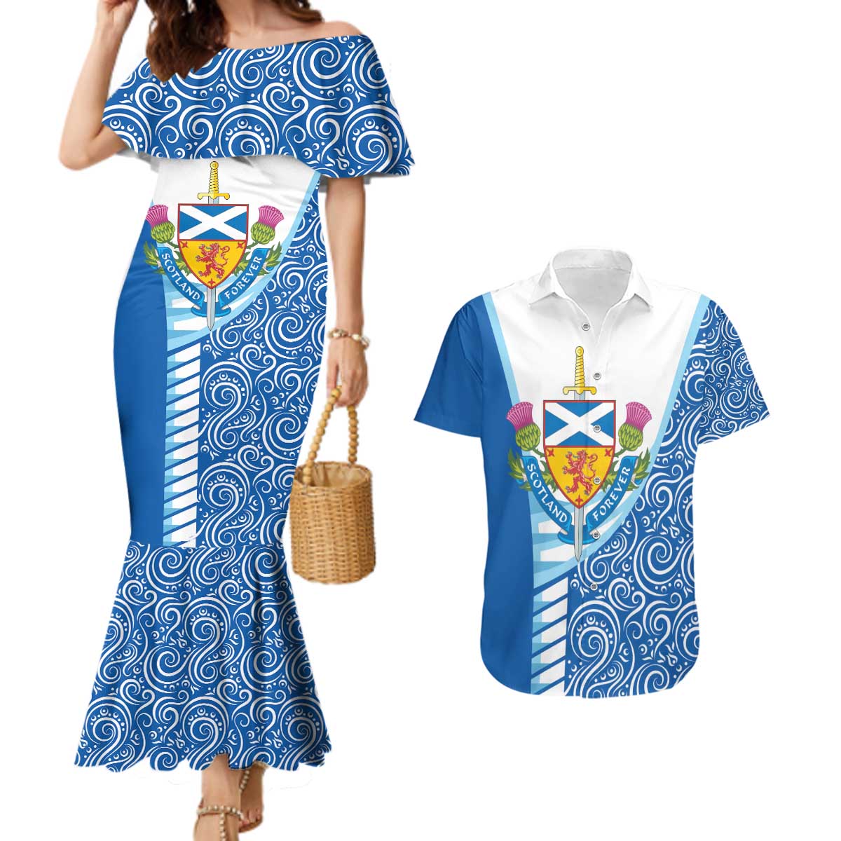 Scotland Forever Couples Matching Mermaid Dress and Hawaiian Shirt Thistle Lion Rampant