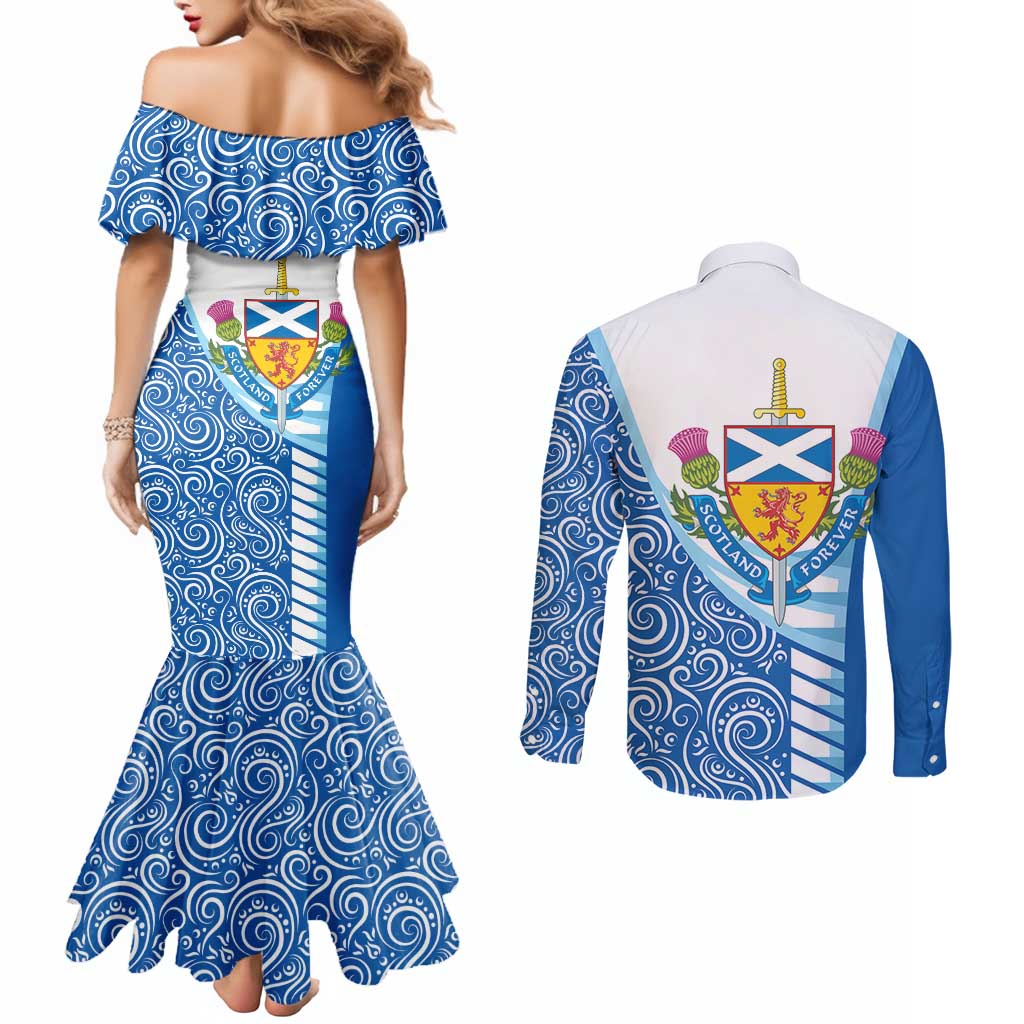 Scotland Forever Couples Matching Mermaid Dress and Long Sleeve Button Shirt Thistle Lion Rampant