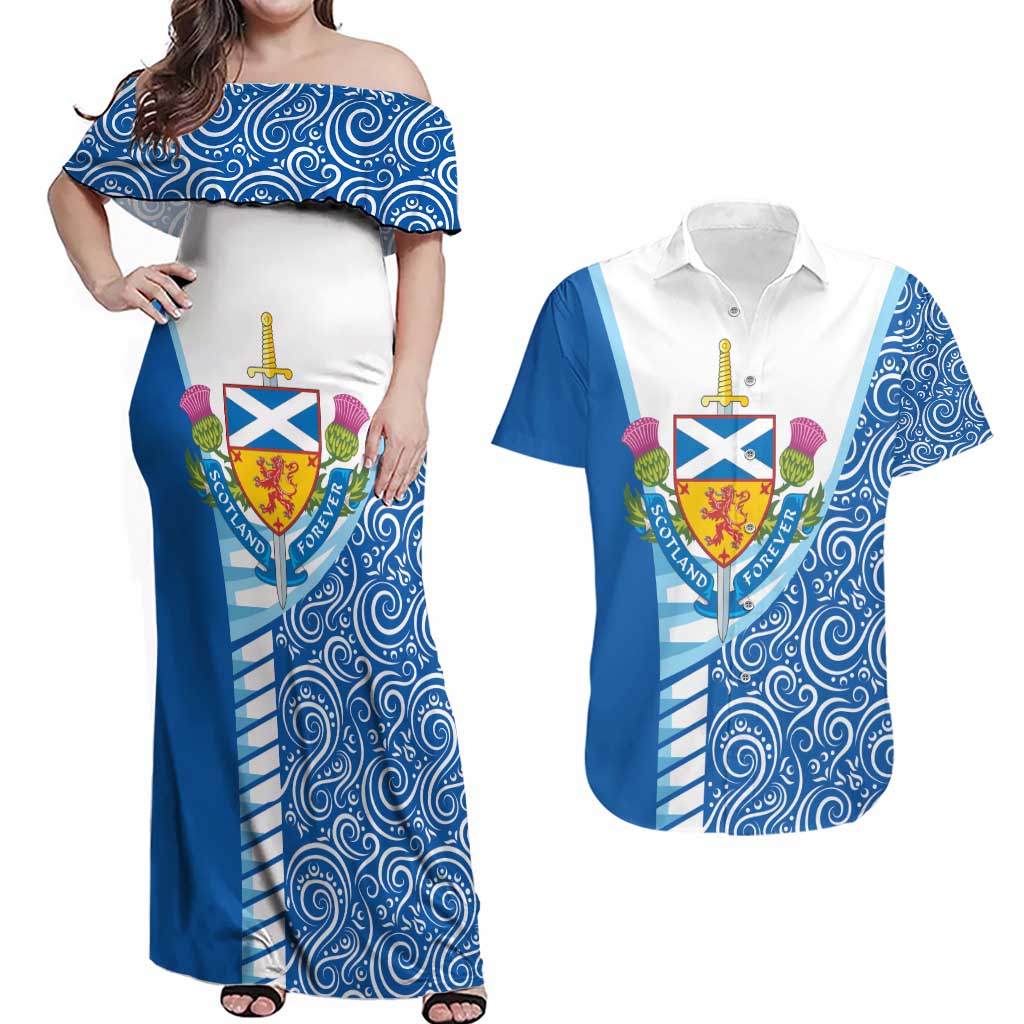 Scotland Forever Couples Matching Off Shoulder Maxi Dress and Hawaiian Shirt Thistle Lion Rampant