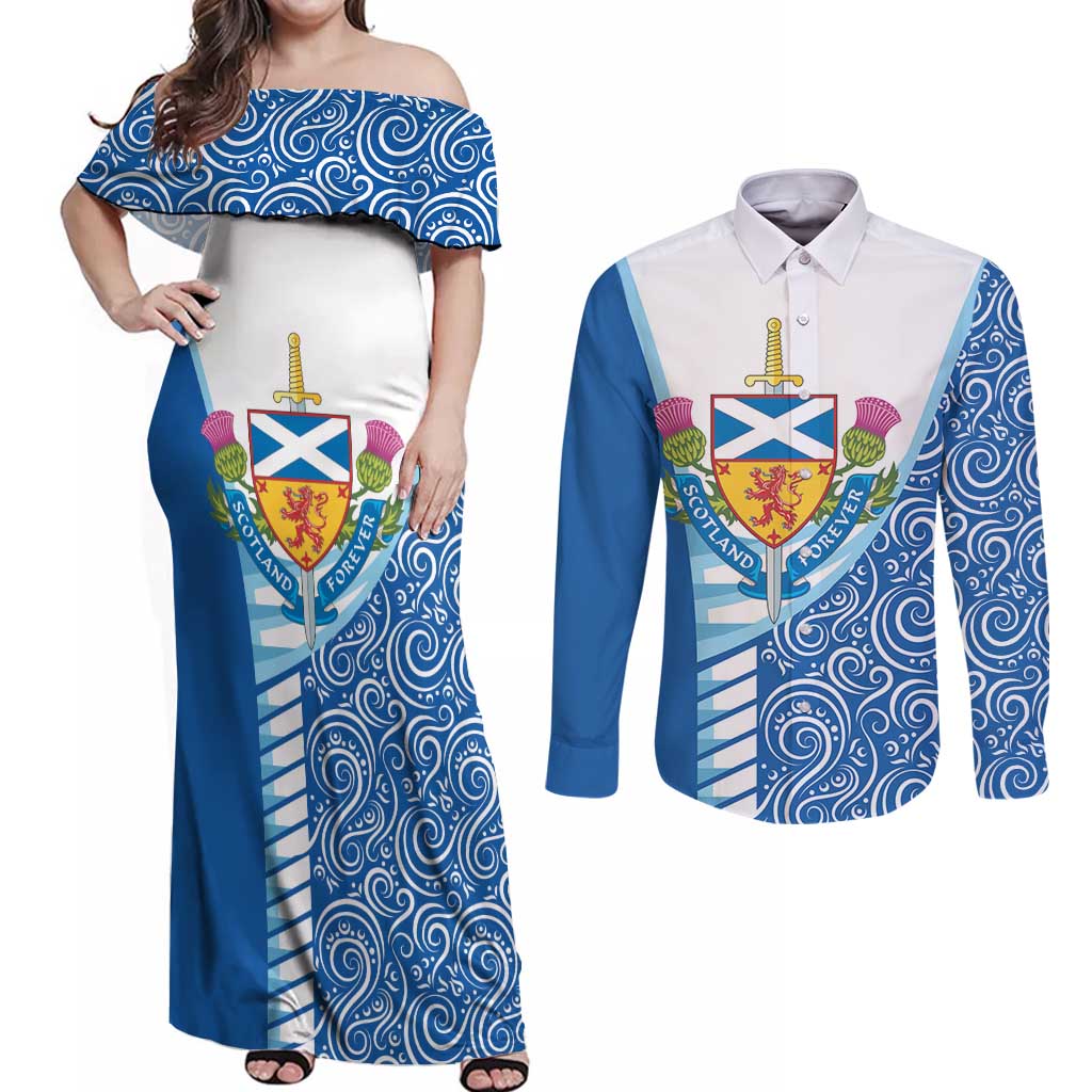 Scotland Forever Couples Matching Off Shoulder Maxi Dress and Long Sleeve Button Shirt Thistle Lion Rampant