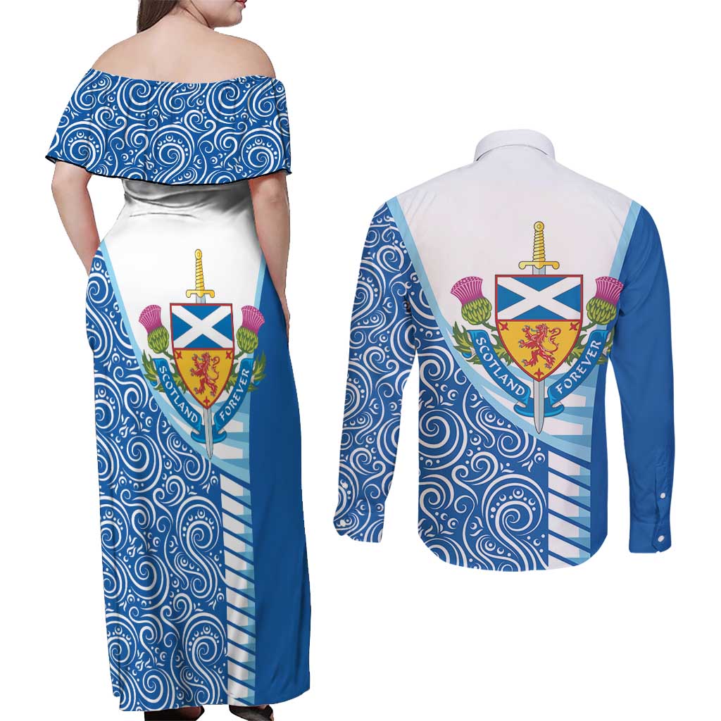Scotland Forever Couples Matching Off Shoulder Maxi Dress and Long Sleeve Button Shirt Thistle Lion Rampant