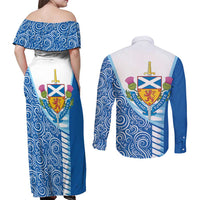 Scotland Forever Couples Matching Off Shoulder Maxi Dress and Long Sleeve Button Shirt Thistle Lion Rampant