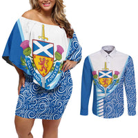 Scotland Forever Couples Matching Off Shoulder Short Dress and Long Sleeve Button Shirt Thistle Lion Rampant
